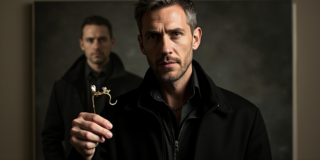 a man in a black jacket holding a ring in his right hand and a picture of a man in a black jacket be