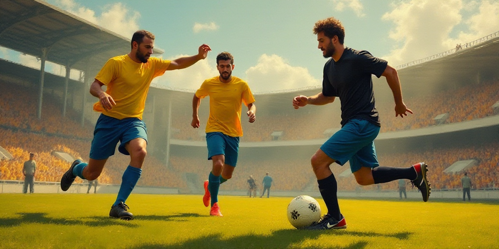 a man in a black shirt and blue shorts playing soccer with a yellow shirt on and a man in a yellow s