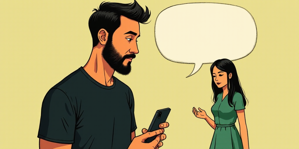 a man in a black shirt holding a smart phone with a woman in a green dress behind him and a speech b