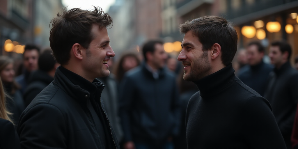 a man in a black sweater and a man in a black sweater are talking to each other in front of a crowd,