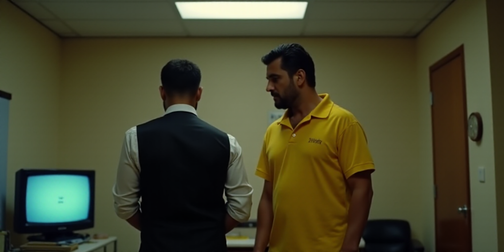 a man in a black vest and a man in a yellow shirt are standing in a room with a television, Estuardo