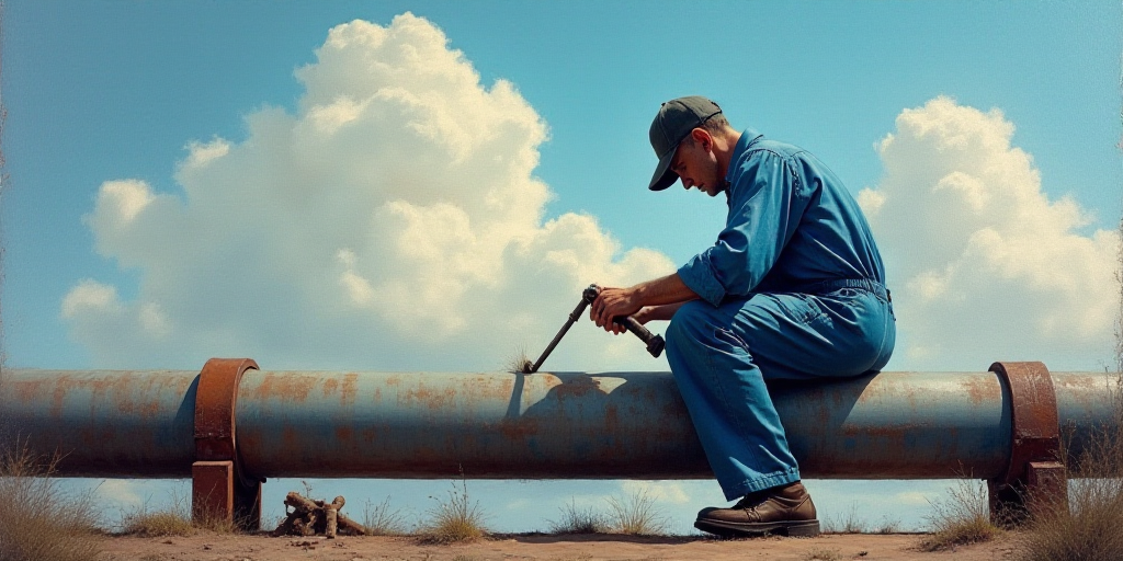 a man in a blue coverall working on a pipe in a factory area with a sky background and clouds, Andri