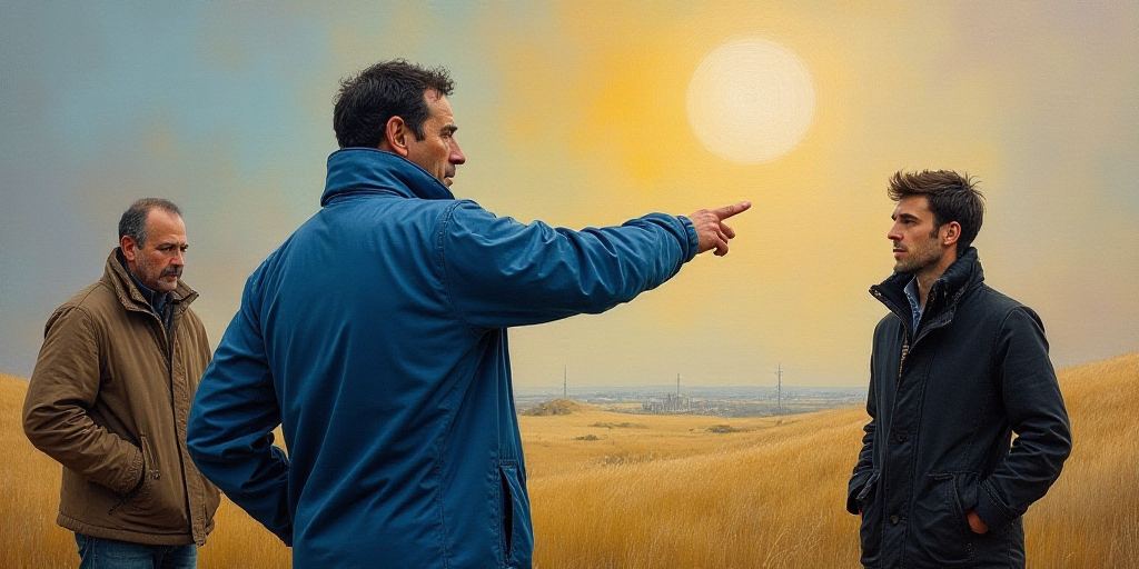 a man in a blue jacket is pointing at something while a man in a black jacket watches from the sidel
