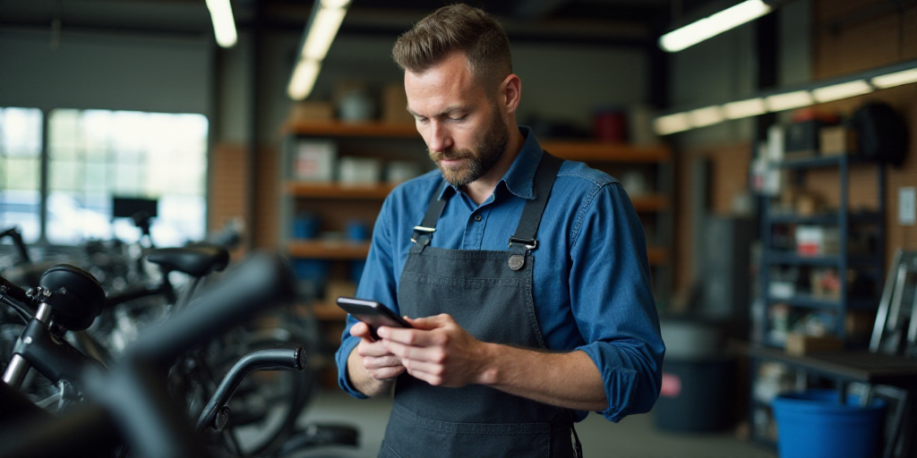 a man in a blue shirt and apron holding a cell phone in a garage with bikes and other equipment, And