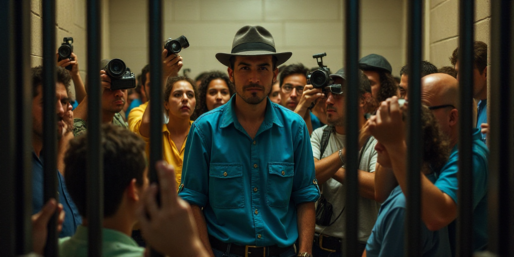 a man in a blue shirt and hat surrounded by people and cameras taking pictures of him in a jail cell