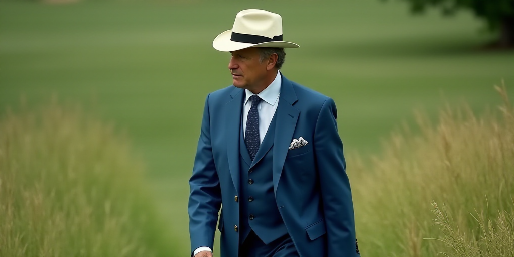 a man in a blue suit and hat walking in the grass with a white hat on his head and a blue blazer, Do