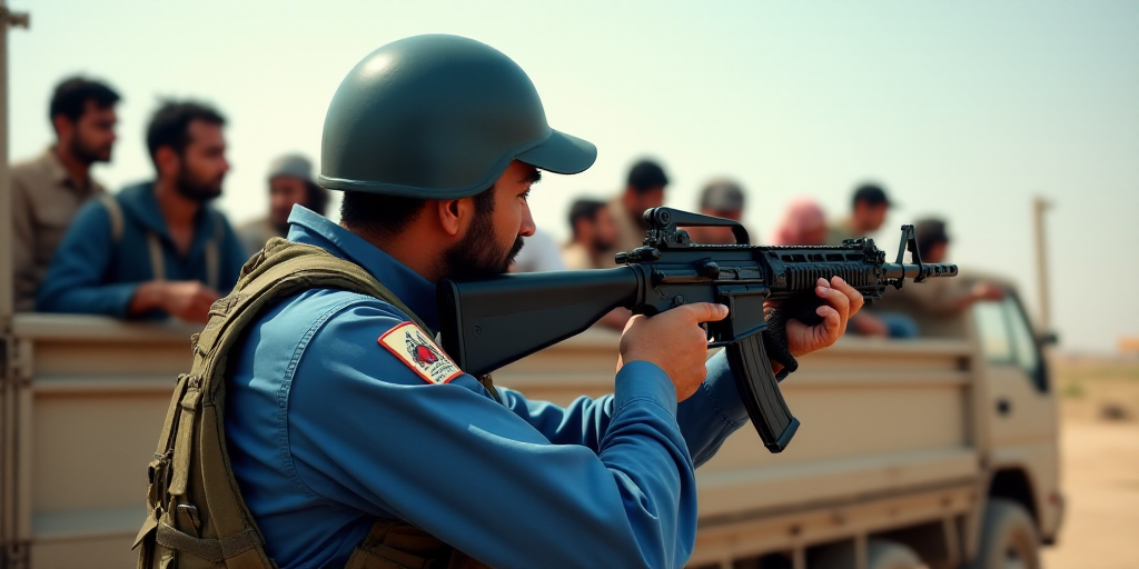 a man in a blue uniform is holding a machine gun while people watch from the back of a truck, Fathi
