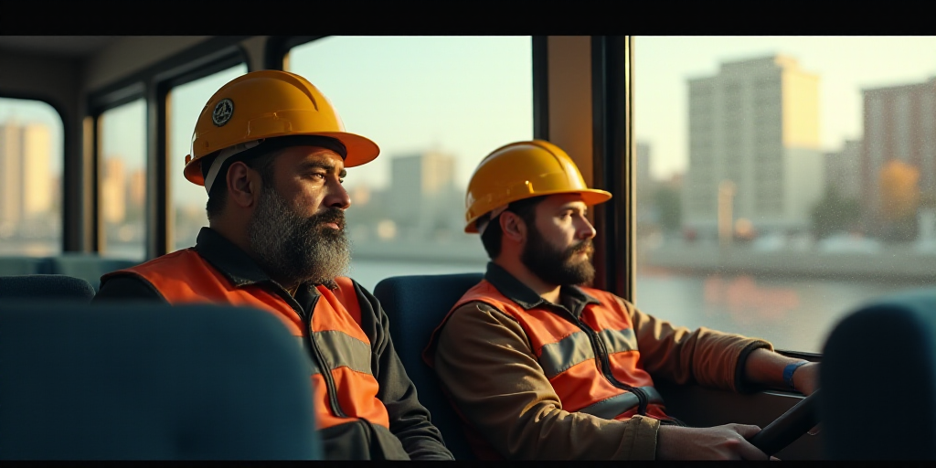 a man in a construction helmet is sitting in a bus and another man is standing next to him and looki