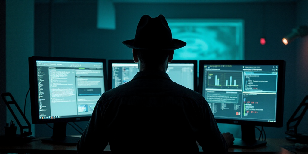 a man in a dark room looking at computer screens and monitors with a man in a hat on his head, Andri