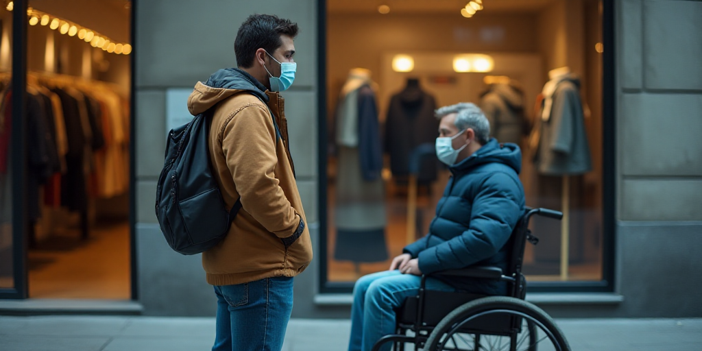 a man in a face mask is standing in front of a store window with a man in a wheelchair, Aquirax Uno,