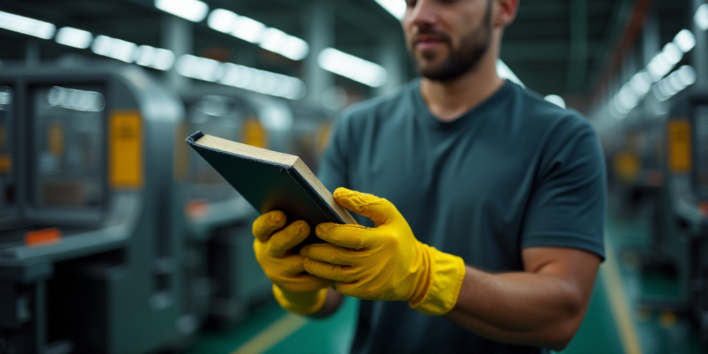 a man in a factory with a pair of safety gloves on his hands and a book in his hand, Andries Stock,