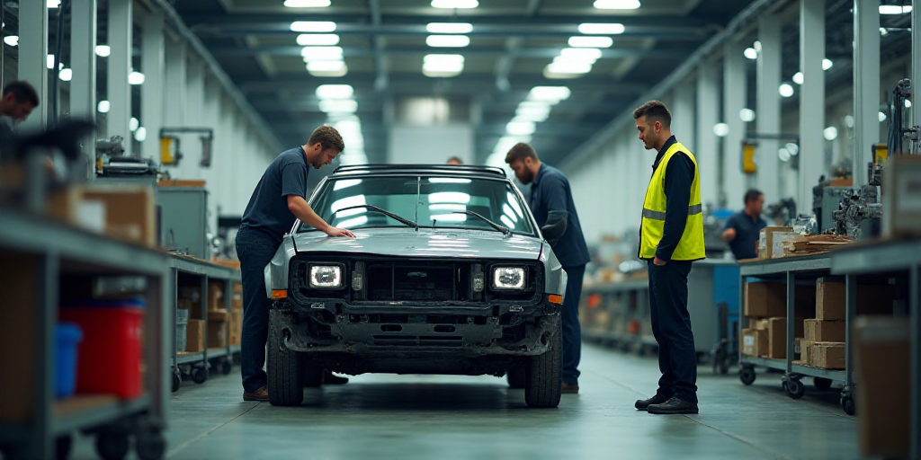 a man in a factory working on a car in a factory area with other workers nearby and a worker in a ye