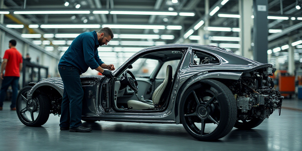 a man in a factory working on a car in the process of assembly and assembly line with workers lookin