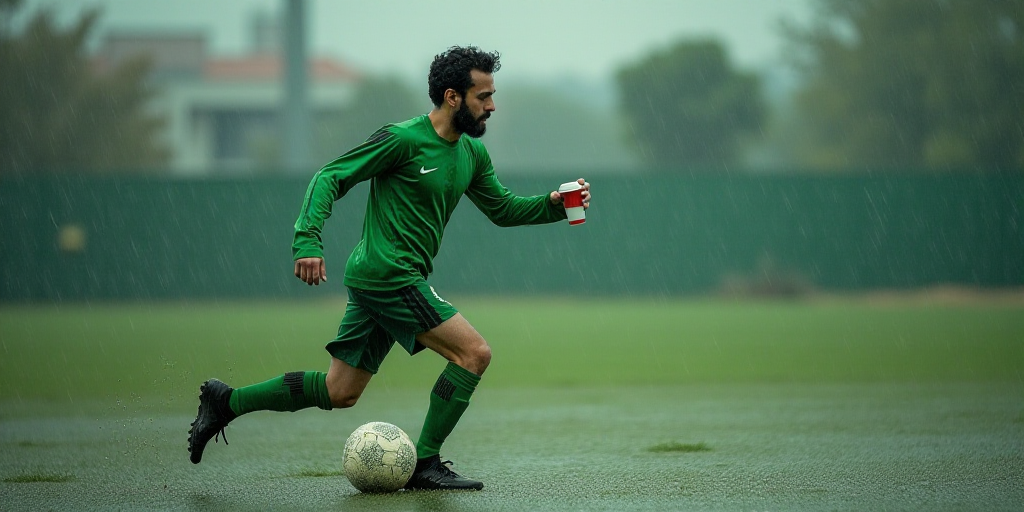 a man in a green shirt is playing soccer in the rain with a ball in his hand and a cup in his hand,