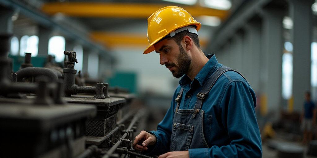 a man in a hard hat and overalls working on a machine in a factory area with other machinery, Andrie
