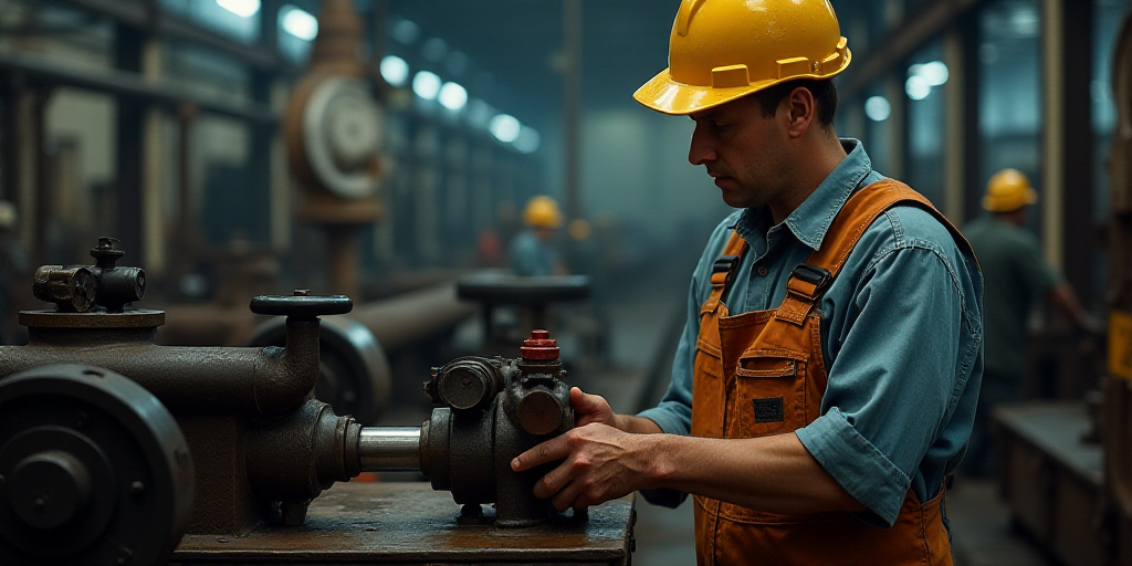 a man in a hard hat and overalls working on a machine in a factory area with other machinery, Andrie