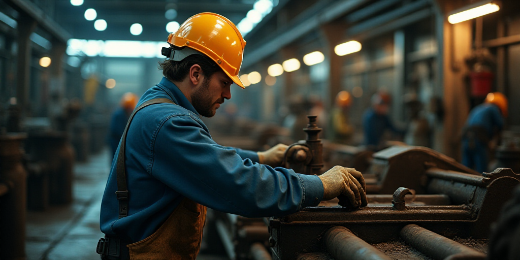 a man in a hard hat and safety gear working on a machine in a factory area with other machinery, Con