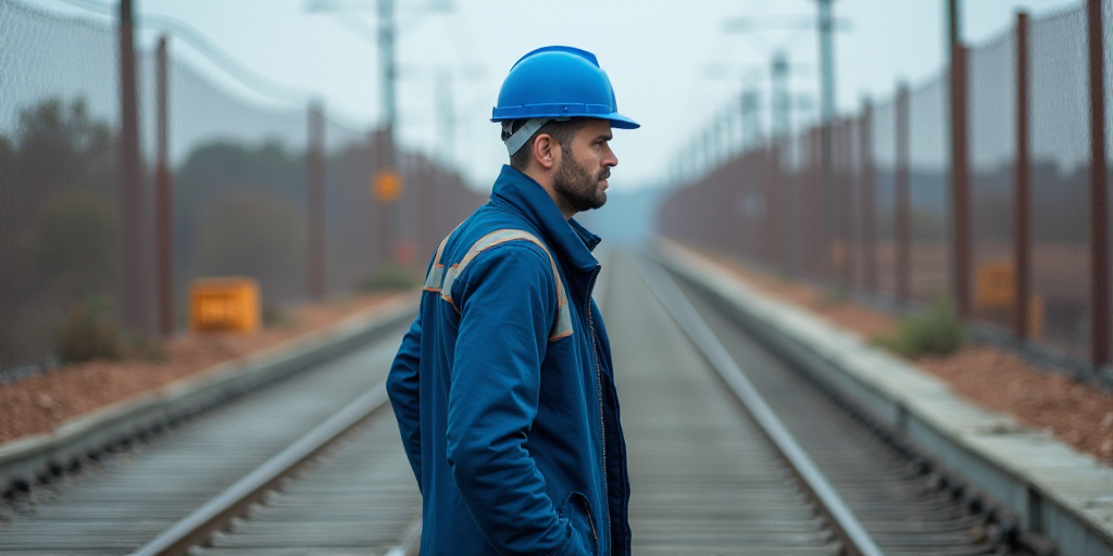 a man in a hard hat walks on a construction site with a blue helmet on his head and a blue jacket on