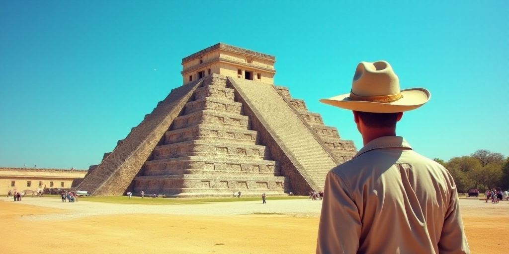a man in a hat standing in front of a pyramid in mexico with a blue sky in the background, Alex Grey