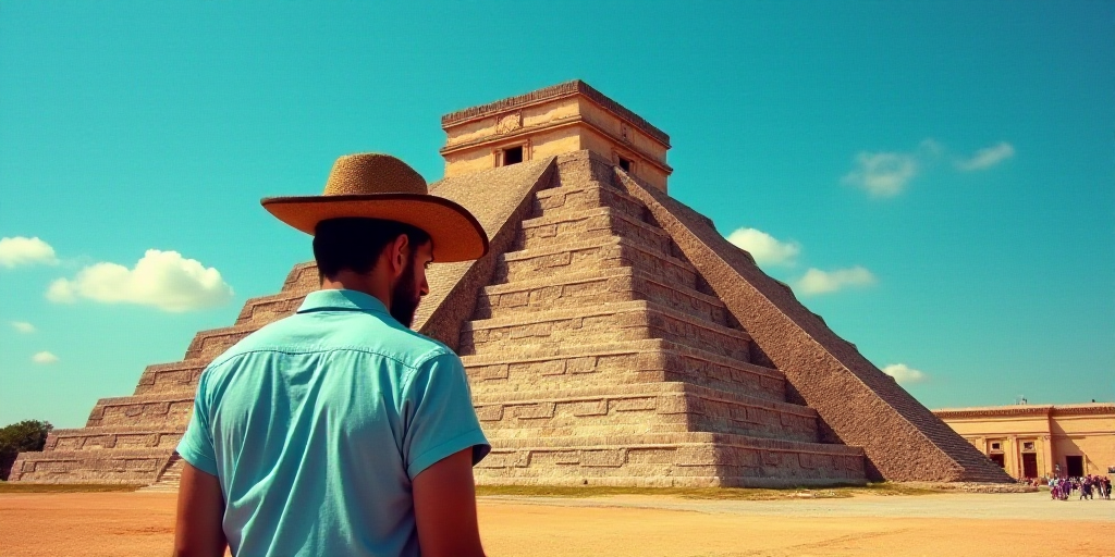 a man in a hat standing in front of a pyramid in mexico with a blue sky in the background, Alex Grey