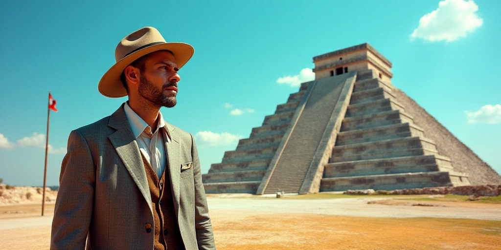 a man in a hat standing in front of a pyramid in mexico with a blue sky in the background, Alex Grey
