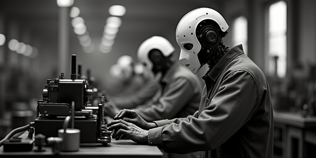 a man in a mask working on a machine in a factory with other workers in the background wearing masks