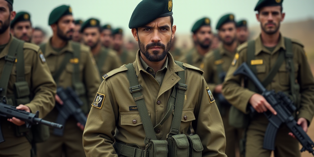 a man in a military uniform is surrounded by other men in uniform and holding rifles and looking at