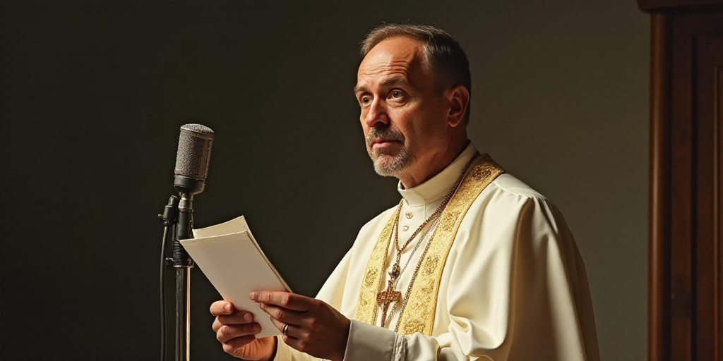 a man in a priest's outfit holding a paper and a microphone in front of him with a gold and white de