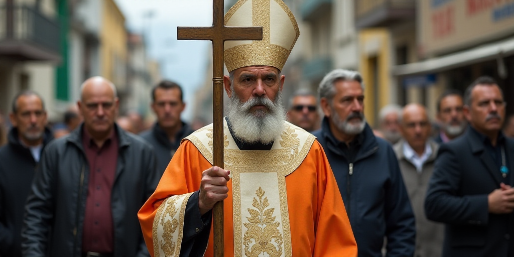 a man in a priest's outfit holding a cross and a stick in his hand while others walk by, Carlos Fran
