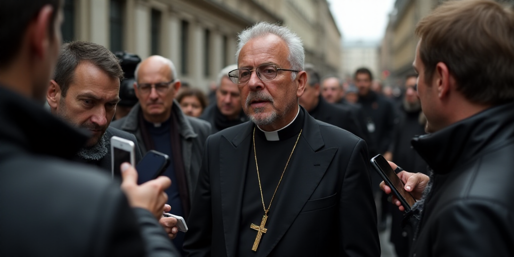 a man in a priest's outfit is surrounded by reporters and reporters on the street, holding cell phon