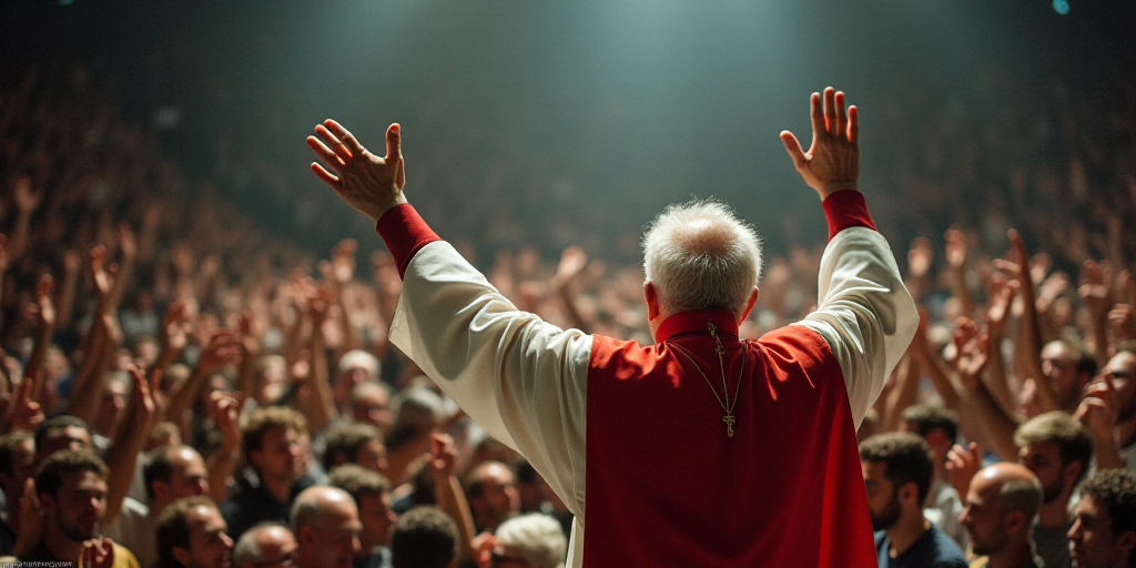 a man in a priest's outfit waves to the crowd from a stage with his hands up in the air, Bernie D’