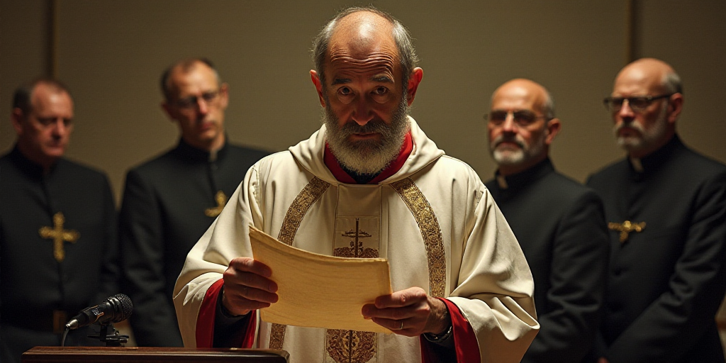 a man in a priest's robes holding a paper and a microphone in front of him and other men in the back