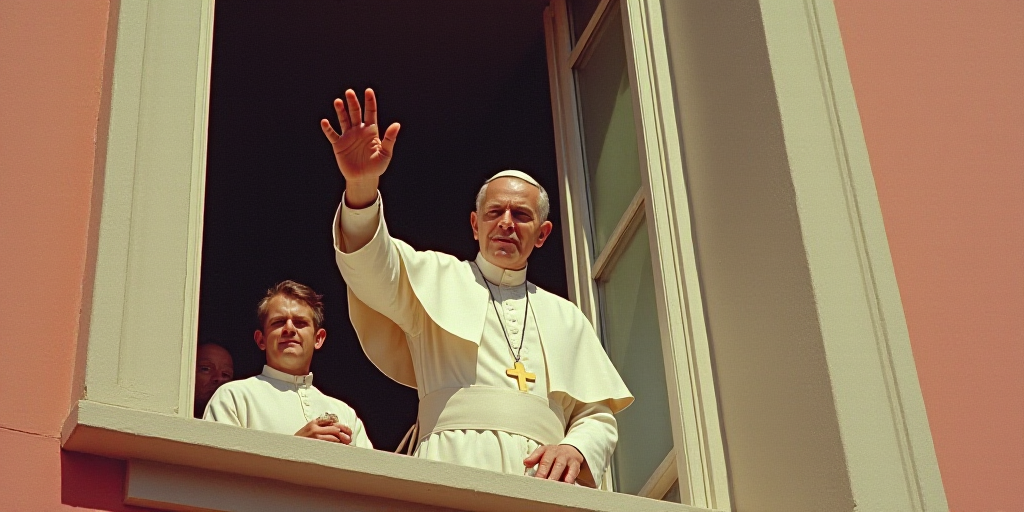 a man in a priest's robes waves from a window with his hands up in the air while two men stand behin