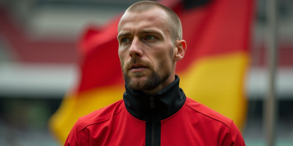 a man in a red and black uniform standing in front of a sign with a red and yellow flag, Adam Szentp