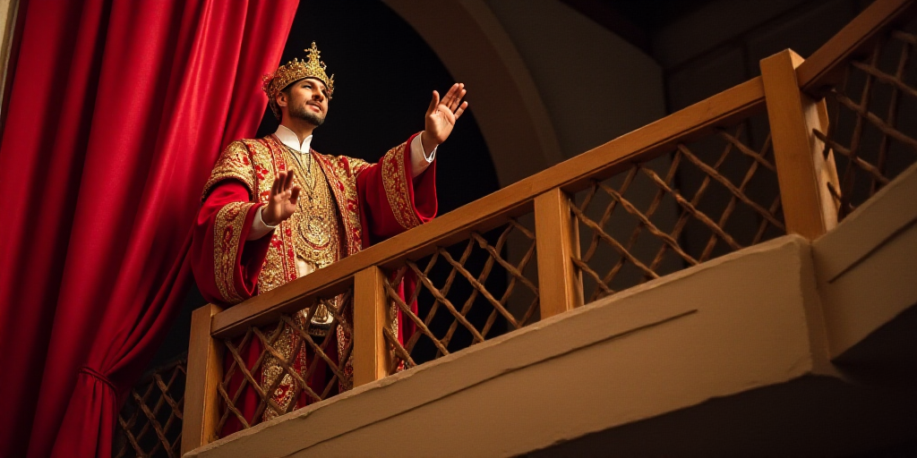 a man in a red and gold outfit waves to the crowd from a balcony area of a building with a red curta
