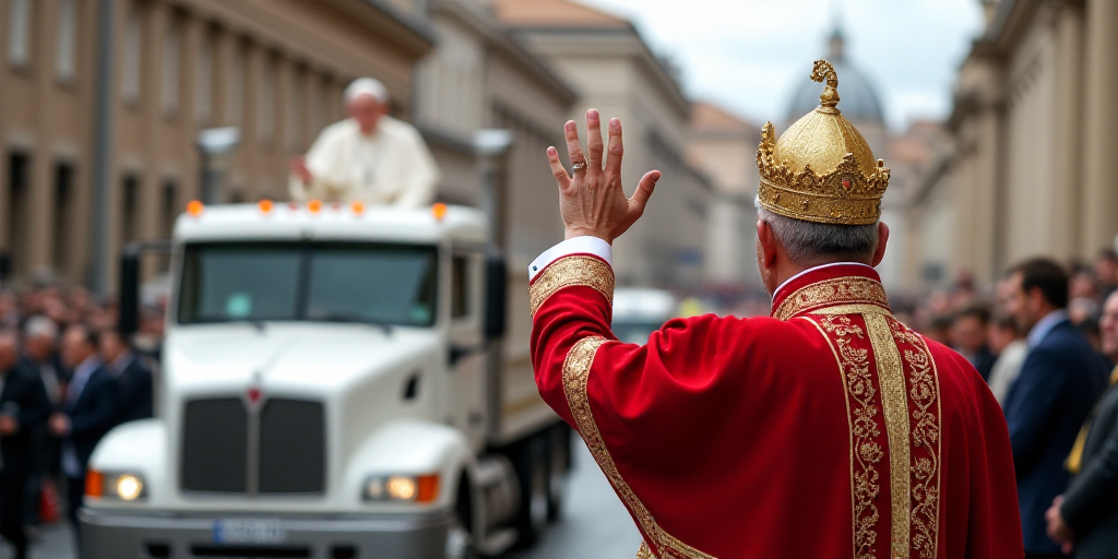 a man in a red and gold outfit waves to a crowd of people from a white truck with a pope on it, Cagn