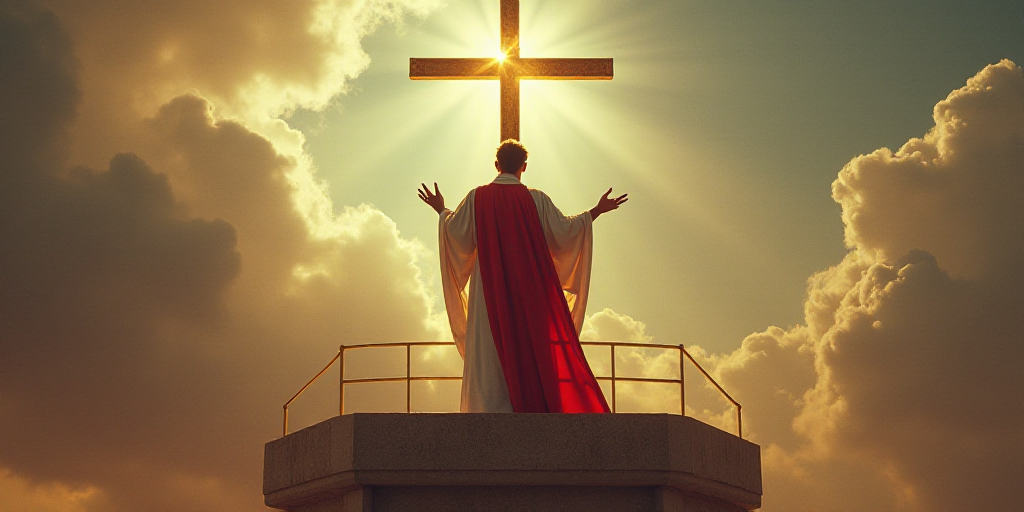 a man in a red and white outfit standing at a cross on a balcony with a gold cross on it, Dionisius,