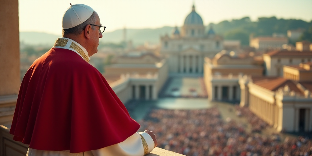 a man in a red and white robe is standing on a balcony overlooking a crowd of people in a city, Cagn