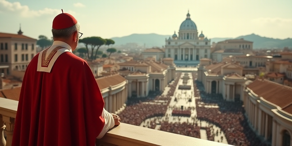 a man in a red and white robe is standing on a balcony overlooking a crowd of people in a city, Cagn