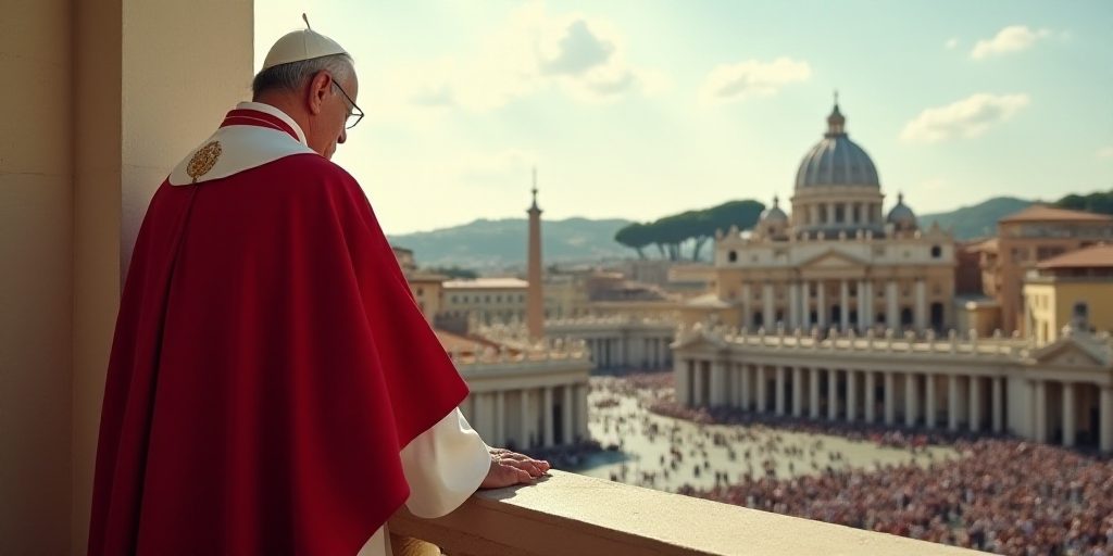 a man in a red and white robe is standing on a balcony overlooking a crowd of people in a city, Cagn