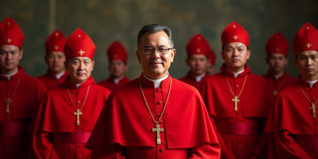 a man in a red clergy robe standing in front of a group of red robes and red hats with gold crosses,