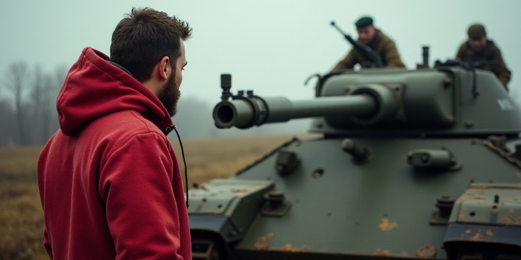 a man in a red hoodie is looking at a machine gun in a tank with a soldier in the background, Carl G