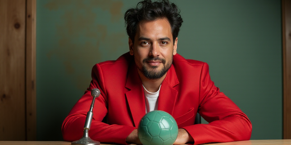 a man in a red jacket sitting at a table with a ball on it and a microphone in front of him, Estuard