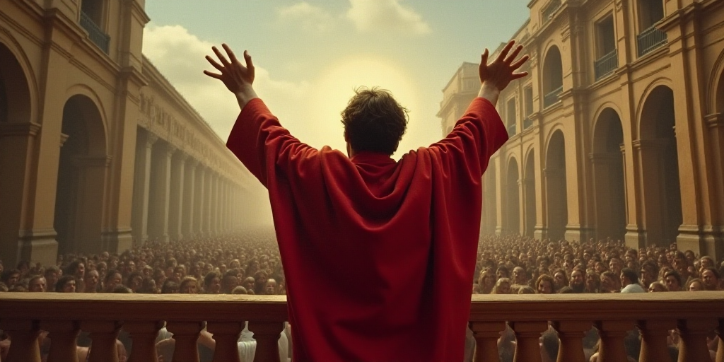 a man in a red robe is standing on a balcony with his hands up in the air and a crowd of people in t