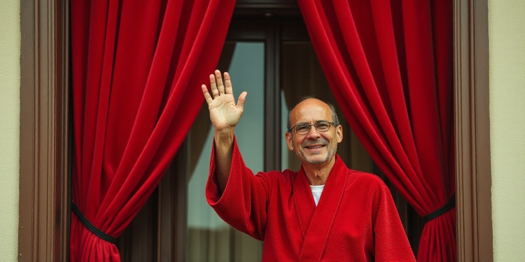 a man in a red robe waves from a window with a red curtain behind him and a red curtain behind him,
