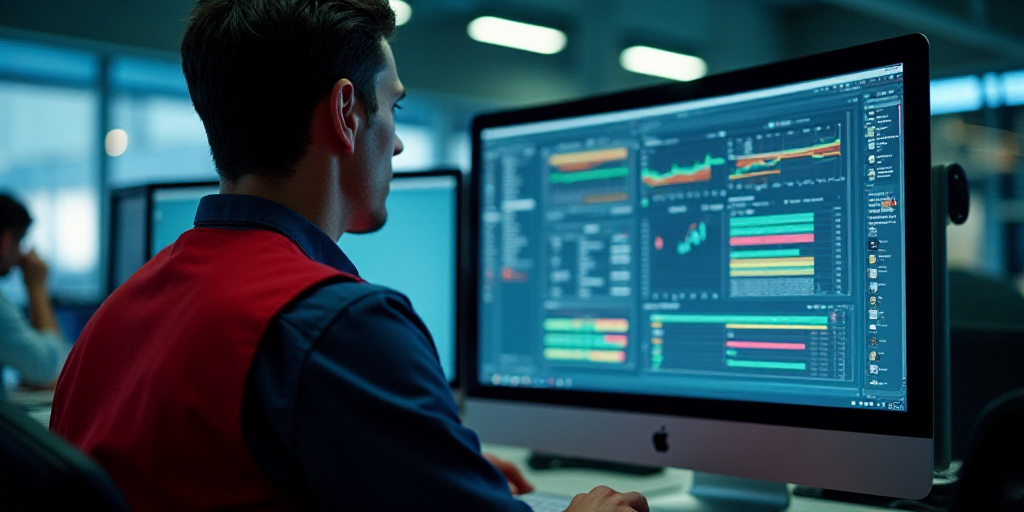 a man in a red vest is looking at a computer screen with a man in a red vest is looking at a monitor