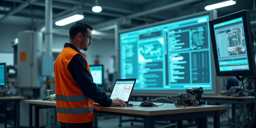 a man in a safety vest working on a project in a factory with a large screen in the background, Ai-M