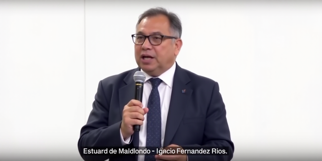 a man in a suit and glasses holding a microphone in front of a white background with a caption in sp