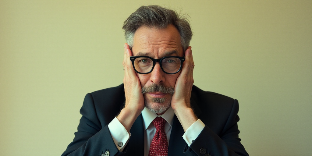 a man in a suit and glasses is posing for a picture with his hands on his chins and his chin resting