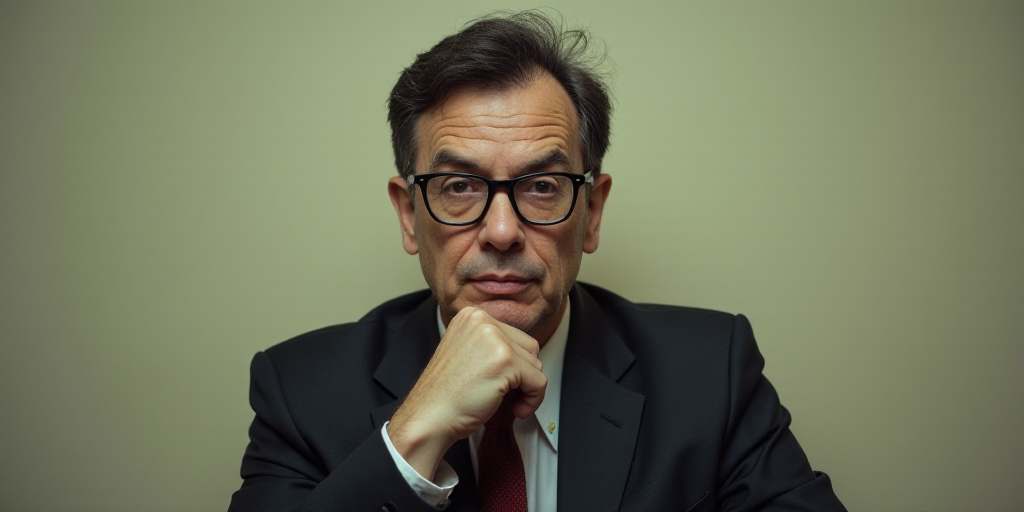 a man in a suit and glasses is looking at the camera with his hand on his chin and his chin resting